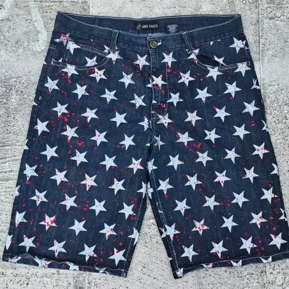 King Maker Men Shorts Blue White Star Patriot Straight Fit Shorts Bermuda Size40 - Picture 1 of 7